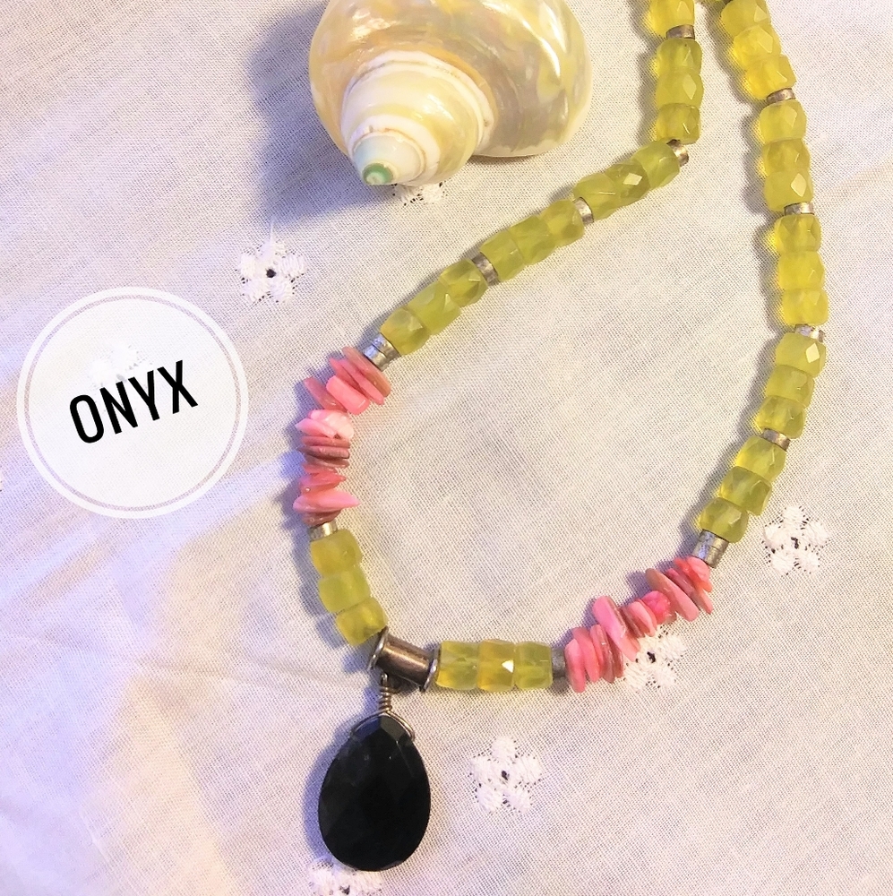 Boho Yellow & Pink Stone Choker w/Onyx Pendant